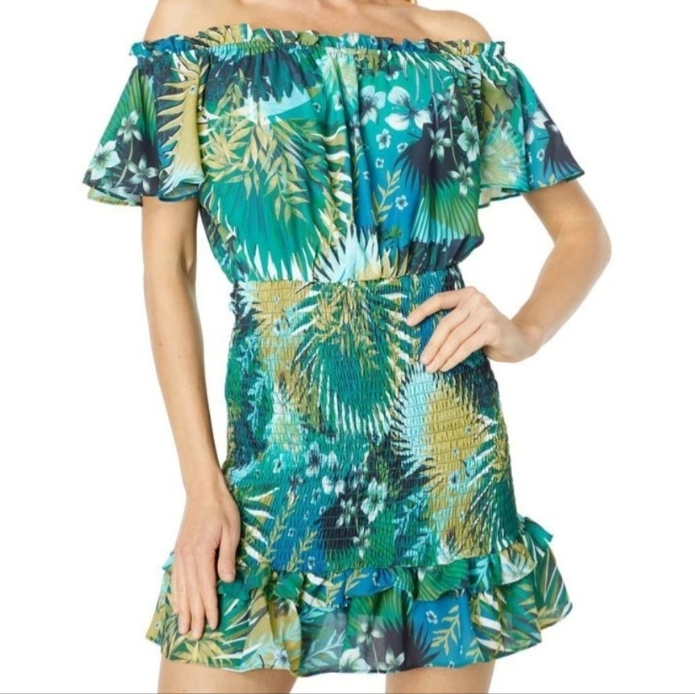Bebe Tropical Off-Shoulder Midi Dress - Green and Blue, Size XSMALL